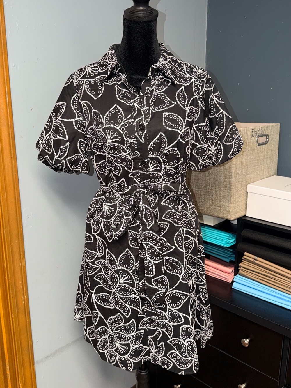 Sam Edelman Black and White Printed Tie-Waist Mini Dress
